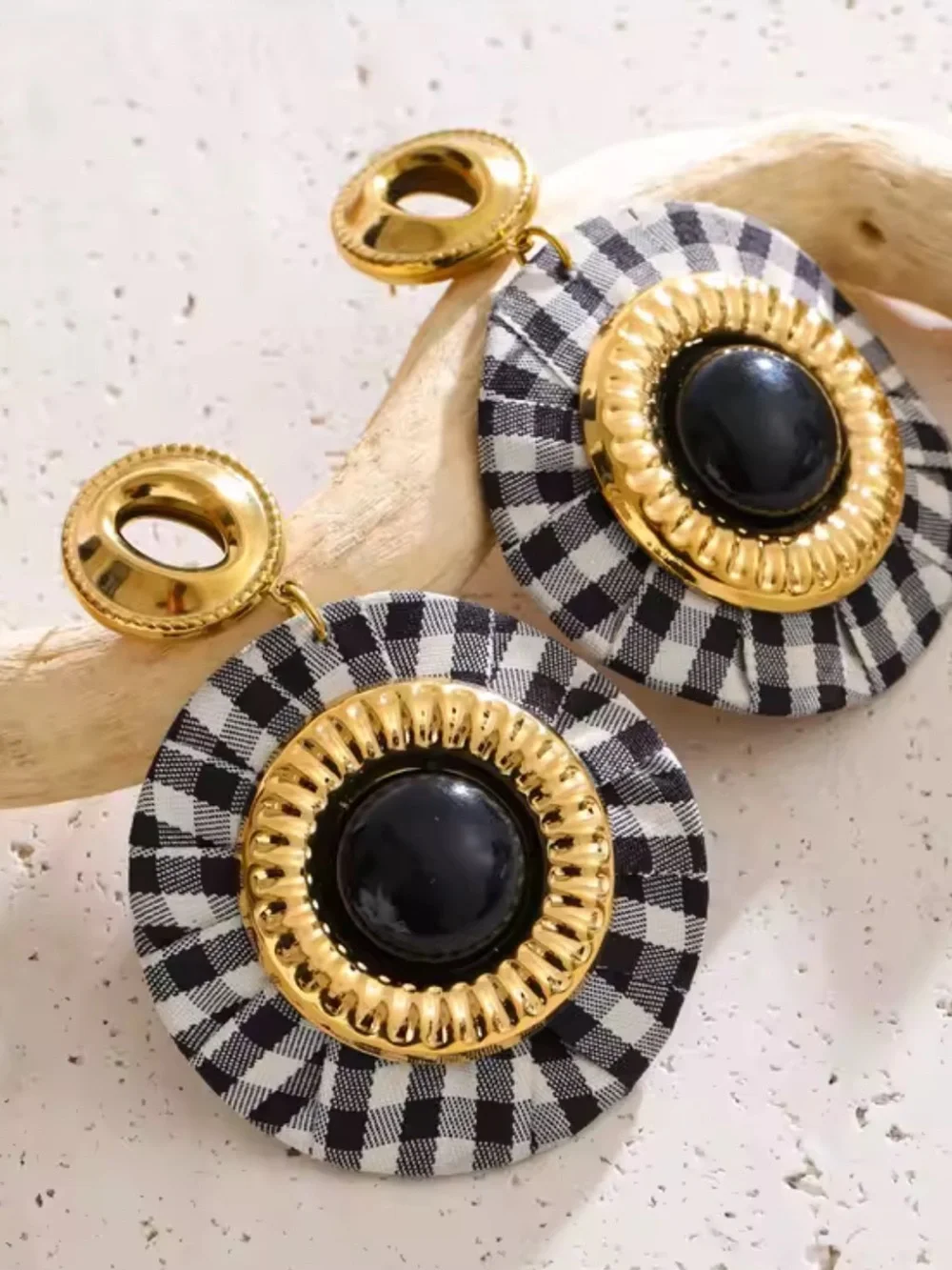 Parisian Chic Gingham Black Gold Earrings